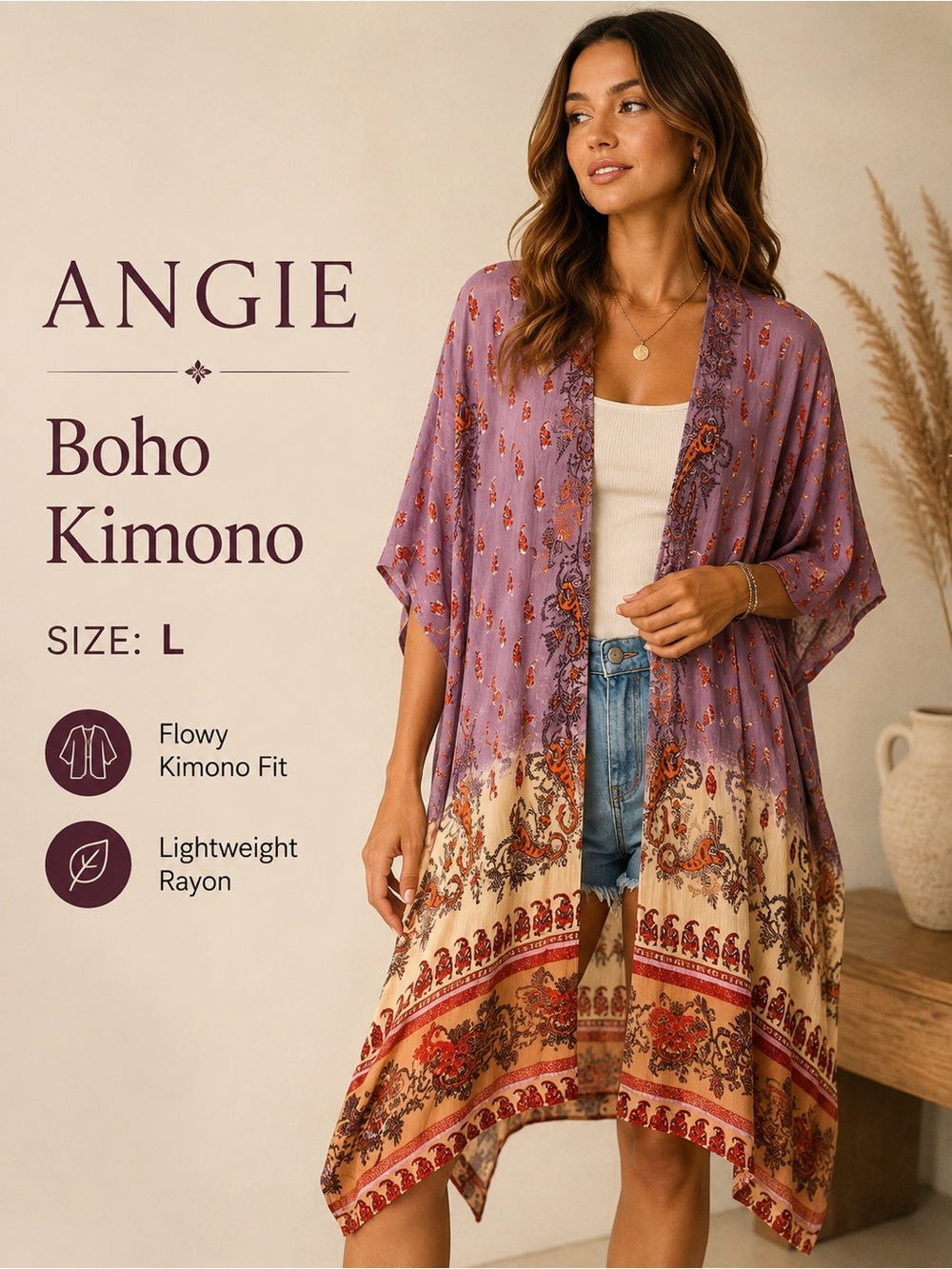 NWT Angie Boho Kimono Cardigan Purple Paisley Border Print Open Front Size L